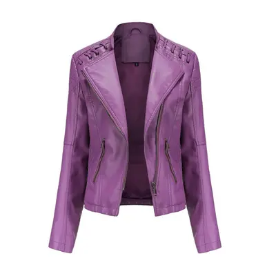 (violet, XXL) Women Autumn Winter Turn Down Collar Long Sleeve Slim Thin Zipper Pu Leather Motor