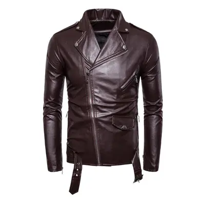 (coffee, XXXL) Men Tops Designer Pu Leather Biker Jacket Motorcycle Coat Zip Up Outwear