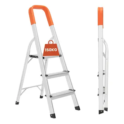 (3-Step Ladder) Aluminium Step Ladders - Heavy Duty Folding Ladder with Safety Handrail - Compac