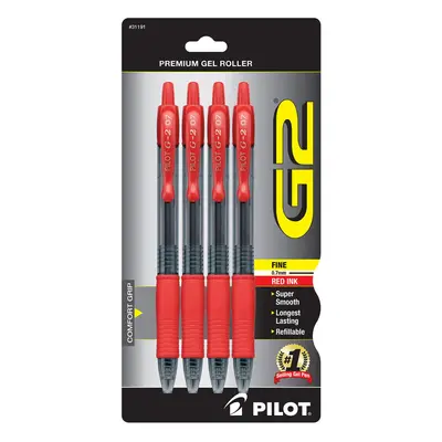 Pilot G-2 Retractable Gel Pens Fine Point 0.7 mm Clear Barrels Red Ink Pack of