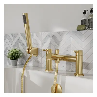 Round Minimalist Bath Shower Mixer Tap with Shower Kit - Brushed Brass - Balterley