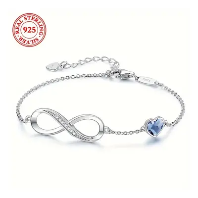 (Blue Rhinestone) Sterling Silver Infinity Bracelet With Zircon Accents, Elegant Heart Charm, Fa