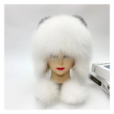 (white, One Size) Winter Hat Woman Warm Cat Ushanka Balaclava Fluffy Fox Fur Trapper Women Bombe