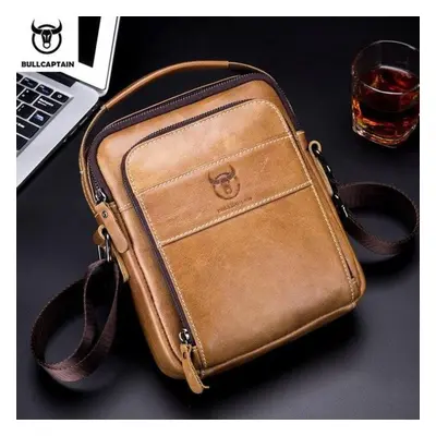 (yellow) Bullcaptain Brand Leather Retro Zipper Messenger Bag Men&apos;s Shoulder Bag Fashion Ha