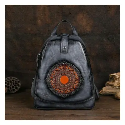 (gray) Johnature Vintage Totem Embossed Backpack Versatile Women Leather Bag Solid Color Large C