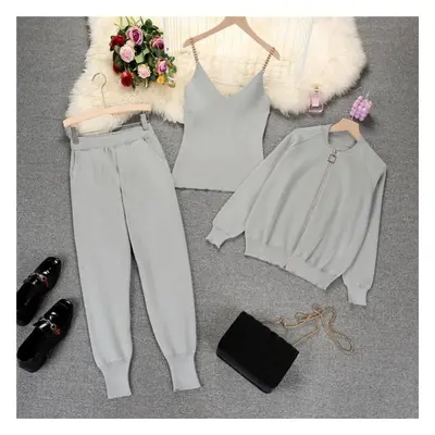 (gray, One Size) Women Knitted Piece Set Fall Winter New Casual Tracksuit Knitted Vest Zipper Ca