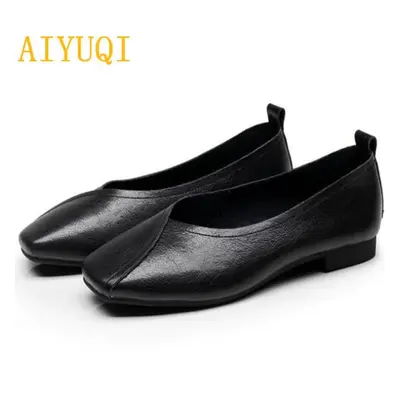 (black, 43) Women&apos;s Casual Shoes Autumn Genuine Leather Women Flat Shoes Onon-slip Mother F