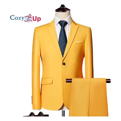 (yellow, M) Cozy Up Men Solid Color Long Sleeve Lapel Slim Button Men Fashion Business Suit Autu