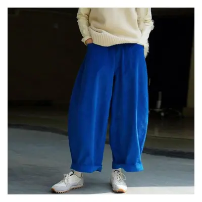 (dark blue, S) Johnature Winter Japanese Casual Corduroy Elastic Waist Ankle-length Pants Solid 