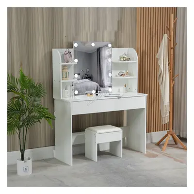 WestWood White Dressing Makeup Table Set Stool Adjust LED Mirror Shelves Drawers