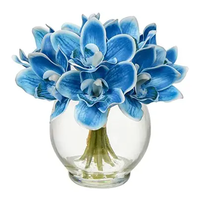 9pcs Artificial Flower in Vase Real Touch Fake Orchid Cymbidium Flower in Glass Vase with Faux W