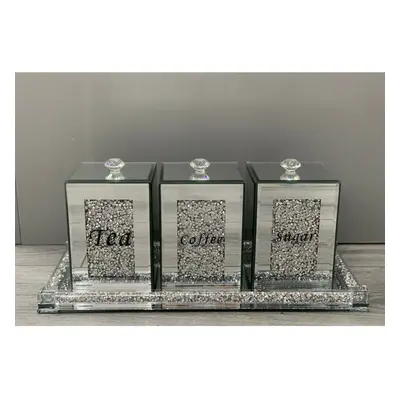 CRUSHED DIAMOND JARS+TRAY CRYSTAL FILLED TEA COFFEE SUGAR CANISTERS