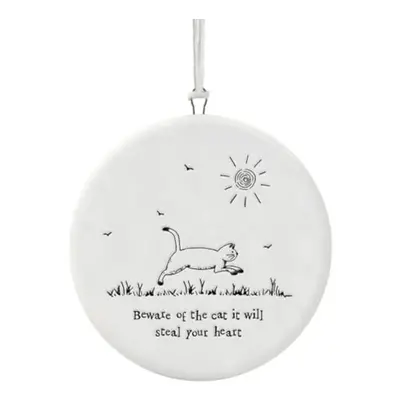 East of India Porcelain Cat Hanger - Beware of the Cat: Whimsical Hanging Ornament for Cat Lover