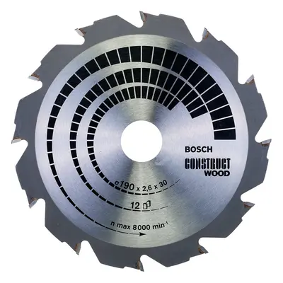 Bosch Wood Construct Circular Saw Blade, 190mm x 2.6mm x 30mm, 12Teeth, Silver