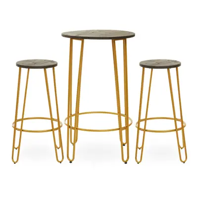 Set of Gold Frame Bar Table Stool Set , Hairpin Stool for Kitchen Counter, Elm Wood Metal Frame 