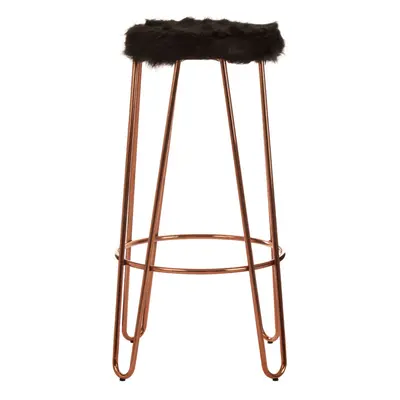 Rose Gold Metal and Black Faux Fur Stool, Small Hairpin Round Stool, Plush Fur Stool for Lounge,