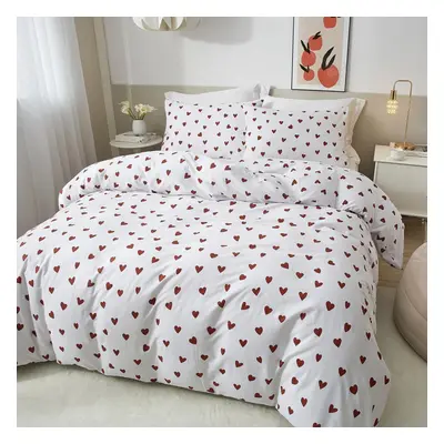 (Double, Red Heart) Cover Set Double Bed 100% Washed Cotton Double Duvet Cover Kids Teens 3pcs S