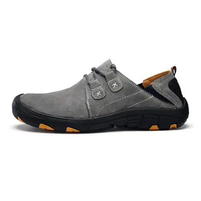 (gray, 48) Genuine Leather Men&apos;s Hiking Shoes Casual Outdoor Trekking Walking Sneakers