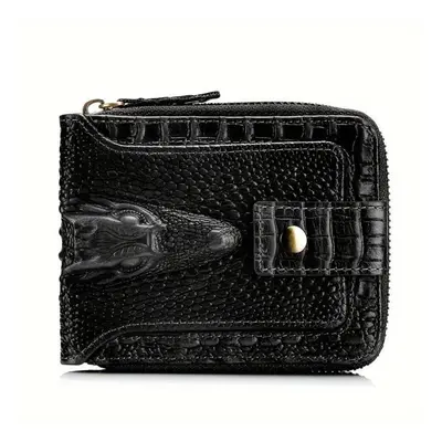 (black) Men&apos;s Crocodile Pattern Zipper Wallet Genuine Leather Credit Card Holder Wallet Pur