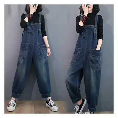 (blue, XXL) Loose Jeans Jumpsuit Women Casual Oversized Baggy Pants Big Pockets Flower Print Den