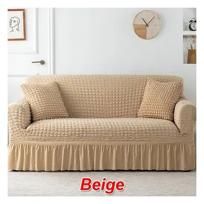 (beige, Double 145-185cm) Ruffled Seersucker Sofa Cover For Living Room Thick Elastic Solid Stre