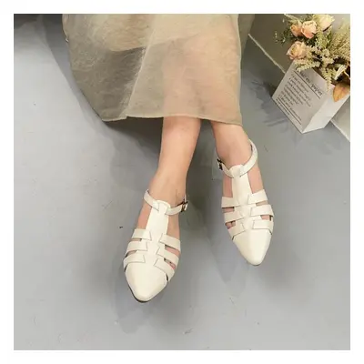 (beige, 37) Johnature Women&apos;s Shoes Genuine Leather Pointed Toe Hollow-out Fashion Versatil