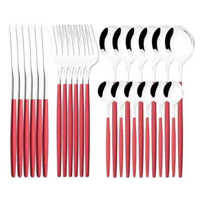 (red,silver, 24PCS) Luxury 24pcs Rose Gold Dinnerware Set Knife Fork Spoon Cutlery Set With Gift