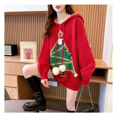 (red, One Size) Pullover Sweater Winter Christmas Sweater Women Loose Hooded Bright Silk New Yea