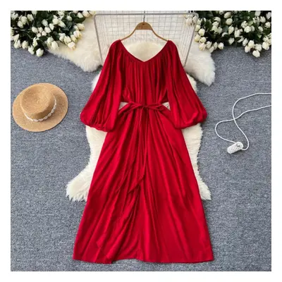 (wine red, One Size) Elegant Gentle Lantern Sleeve Dresses Y2k Slim Waist Lace Up Dress For Wome