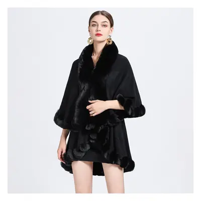 (black, One Size) Winter Women&apos;s Cape Shawl Fur Collar Large Size Knitted Cardigan Loose Te