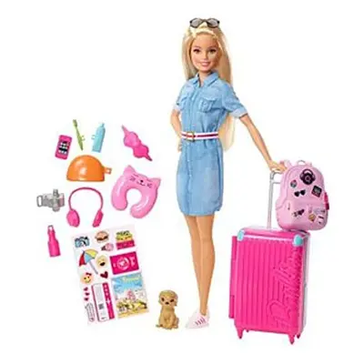 Barbie Travel Doll - Blonde Doll with Puppy & Opening Pink Suitcase - Collapsing Handle - Sticke