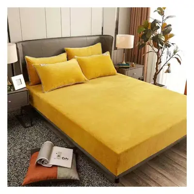 (yellow, Bed sheet (220x200x25cm)) Winter Warm Solid Flannel Elastic Band Fitted Sheet Mattress 