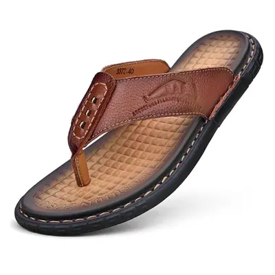 (dark brown, 40) New Arrival Summer Genuine Leather Men Flip Flops Anti-slip Handmade Leather Sl