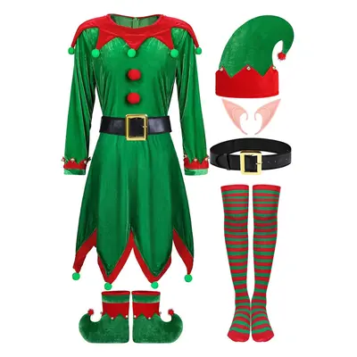 (M) Pack Women Christmas Elf Costume Set Velvet Dress Santa's Helper Costume Xmas Outfit Elf Hat