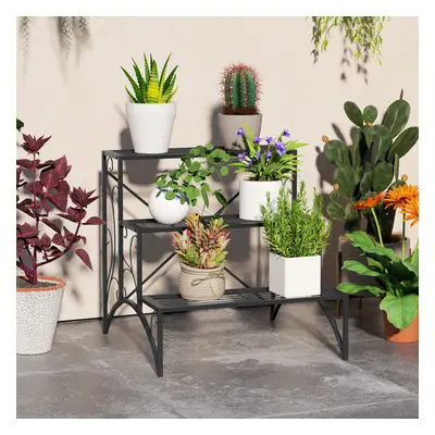 Outsunny 3-Tier Metal Plant Stand for Garden Balcony Indoor Outdoor, Black