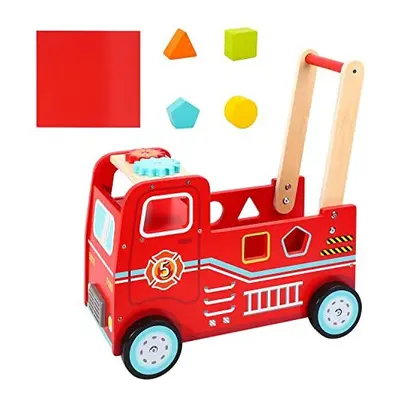 SOKA Wooden Fire Engine Rider and Push Along Toy with Shape Blocks Baby Toddler First Step Activ