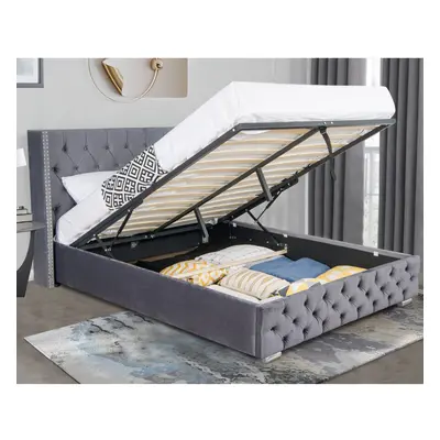 ((Grey, King)) Ottoman Storage Bed Frame Gas Lift Velvet Fabric