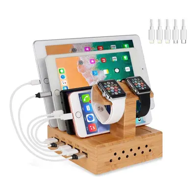 Yisen Handy Wood Bamboo Multi Device Smartphone Charging Station 5-Port USB Charging Dock DIY As