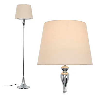 Modern Polished Chrome Spindle Design Floor Lamp with a Beige Tapered Shade