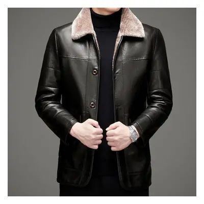 (brown, L) Genuine Leather Down Jacket Men&apos;s Sheepskin Jacket Lapel Thickened Casual Plus F