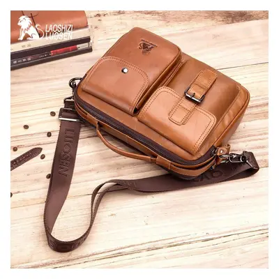 (khaki) Laoshizi Genuine Leather Men&apos;s Shoulder Bag Vintage Male Messenger Bags Men Busines