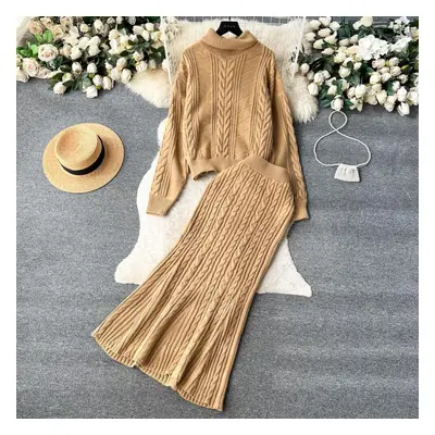 (khaki, One Size) Winter New Turtle Neck Long-sleeved Twisted Sweater + High Waist Mermaid Knit 