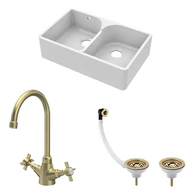 Fireclay Kitchen Bundle - Double Bowl Stepped Weir Butler Sink, Wastes & Crosshead Tap, 795mm - 