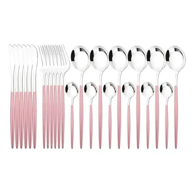 (pink,silver) 24pcs Mint Gold Dinnerware Set Knife Fork Coffee Spoon Cutlery Western Stainless S