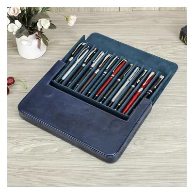 (blue) Handmade Genuine Leather Pen Case Multicolor Slots Luxury Pen Box Pen Holders Office Scho