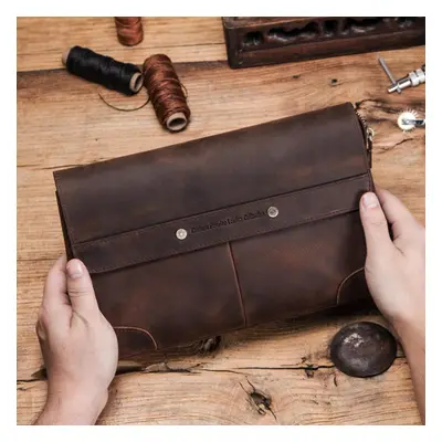 (coffee) Contact&apos;s Men Clutch Bags Crazy Horse Leather Long Wallet Men Large Capacity Hand 