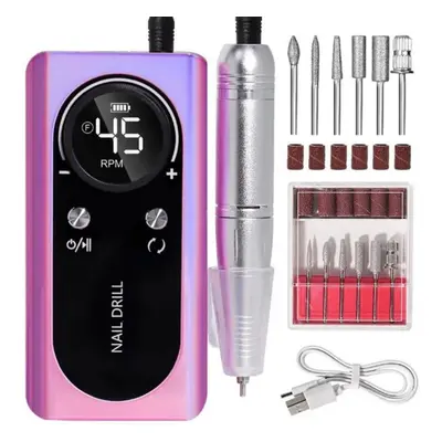 (purple) Nail Drill Machine With Lcd 45000rpm Rechargeable Low Noise Professional Nail Polish Sa