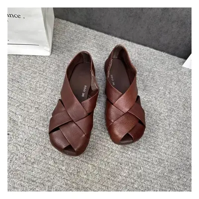 (coffee, 35) Johnature Retro Genuine Leather Hollow-out Women Flats Shoes Handmade Shallow Soft 