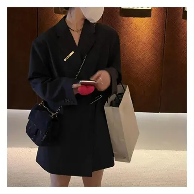 (black, L) Casual Black Oversize Suit Jacket For Women, Loose-fitting Coat With Unique Button De