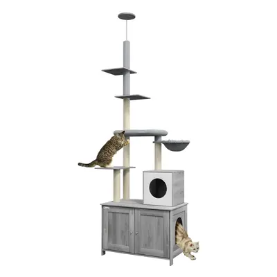 PawHut 2-in-1 Hidden Litter Box with Floor-To-Ceiling Cat Tree, Indoor - Grey